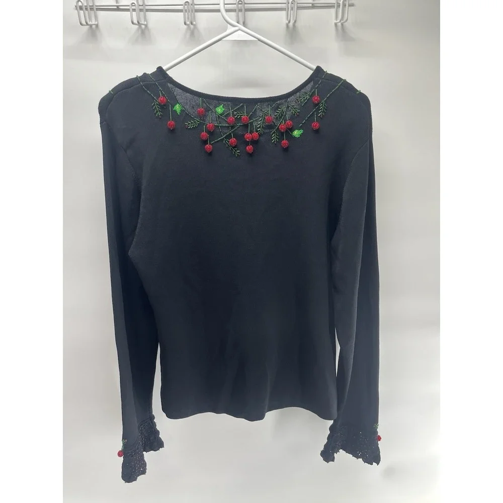 VTG Berek 3D Red Green Beaded Holly Berries Knit Flare Sleeve Sweater Size Large